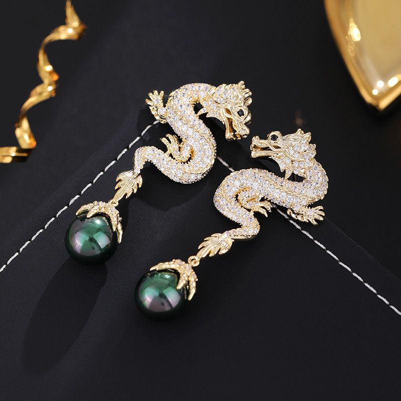 高版本925銀針+真金電鍍 潮流個性女耳飾歐美微鑲鋯鑽中國龍耳環