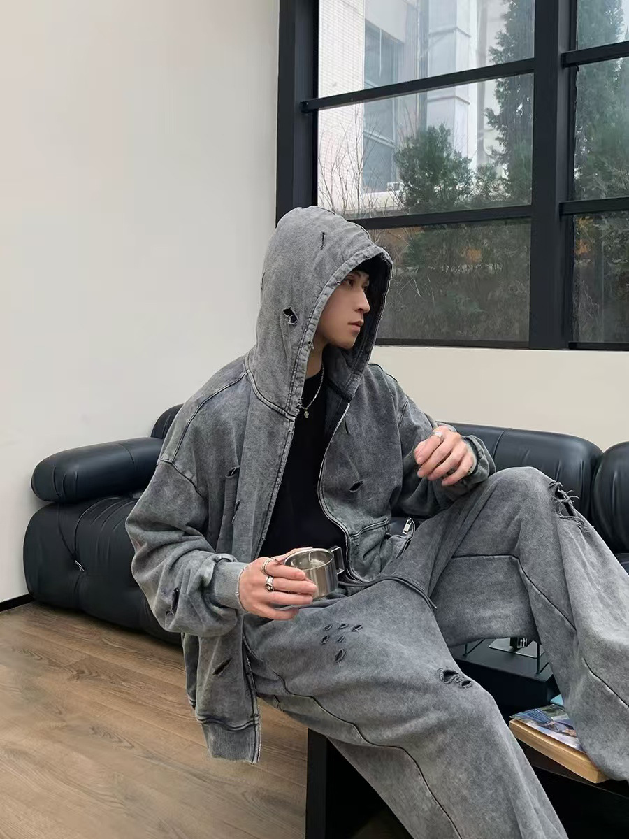 2026 nuevo agujero de algodón de terry jeans para hombre relajado recto casual pantalones deportivos de piernas largas transfronterizos moda americana