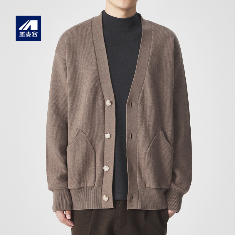 Momoike V Neck Simple Knitted Cardigan Men's 2025 Autumn New Far Infrared Heating Casual Men's Sweater 20657