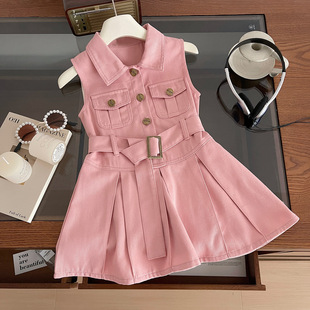 Children's Denim Skirt Korean Style Girls' Sleeveless Lapel Dress Fashionable Summer Skirt
