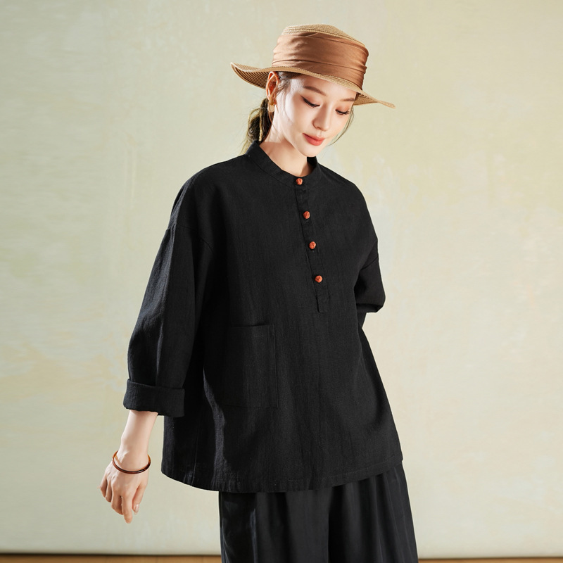 Cotton and Linen Women's Stand-Collar Buttoned Short-Sleeve Shirt 2026 Autumn New Vintage Artistic Chinese Style Women's Top Cotton and Linen Women's Stand-Collar Buttoned Short-Sleeve Shirt 2026 Autumn New Vintage Artistic Chinese Style Women's Top