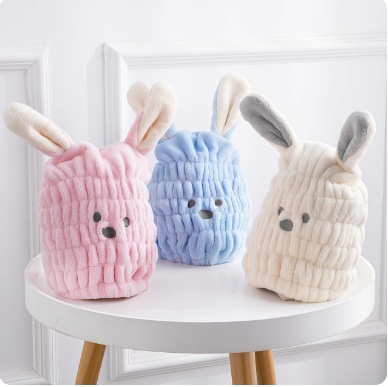 New Cute Cartoon Bunny Ear Hair Drying Cap, Quick-dry, Absorbent, Elastic Coral Fleece Head Wrap, Wholesale_voghion.com
