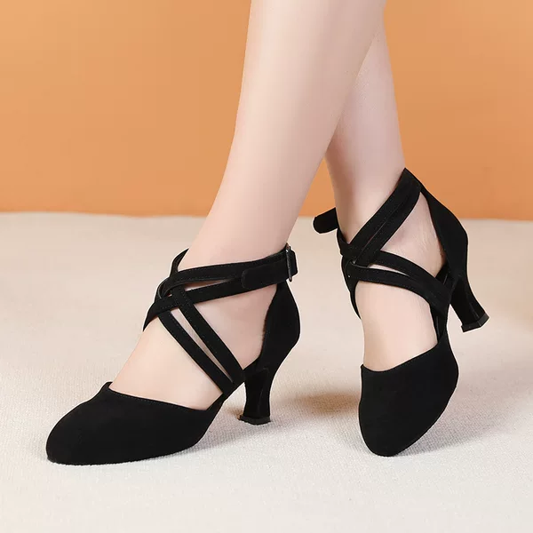 Women's dance shoes cock double cross strap mid heel dance shoes suede soles Latin dance shoes foreign trade