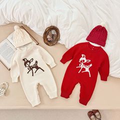 ins春秋热卖婴儿提花梅花鹿针织连体衣男女宝宝纯棉满月周岁爬服