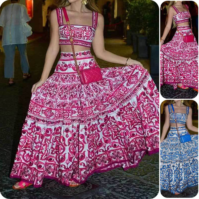 2026 New Summer Women's Clothing European and American Fashion Set Sexy Printed Camisole and Flared Skirt Set