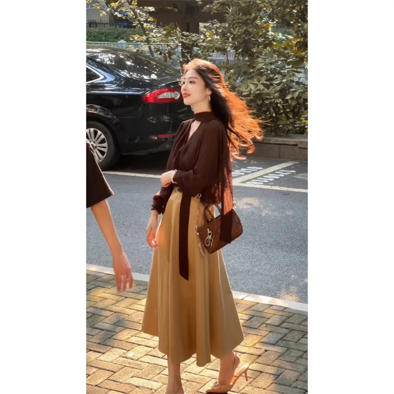 秋季一整套穿搭女气质宽松飘带显瘦衬衫垂感高腰半身裙两件套装潮|undefined