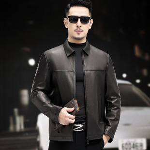Spring and Autumn new men's leather jacket sheepskin lapel coat versatile Business Men's clothing
