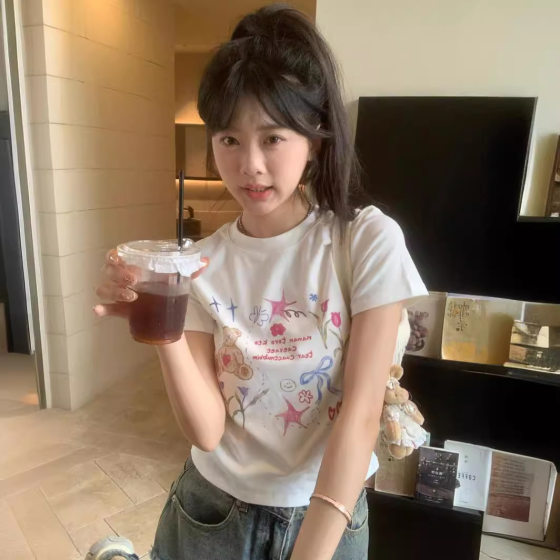 [40 210g combed 95% cotton + 5% spandex back collar] slim fit slim shoulder short sleeve T-shirt female summer white
