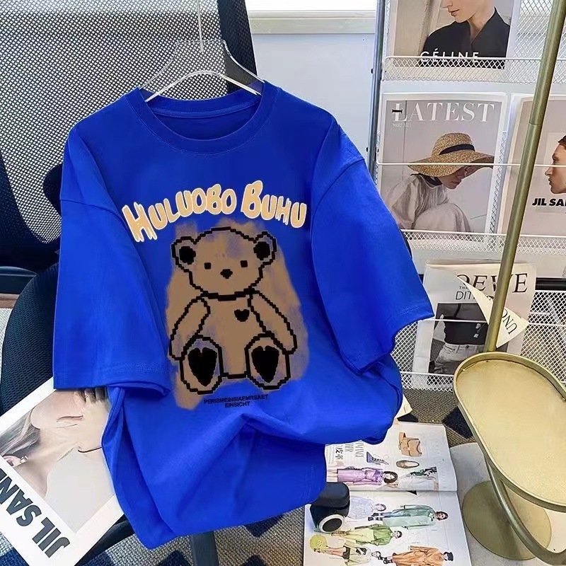 Little Bear Pure Cotton Short Sleeve T-Shirt for Women 2024 Summer New Loose American Retro Cartoon Print Junior High School Student T-Shirt for Women