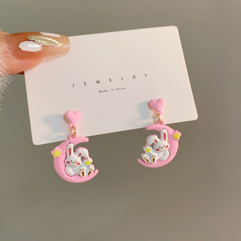 1 Pair Sweet Rabbit Moon Enamel Stoving Varnish Plating Alloy Drop Earrings display picture 1