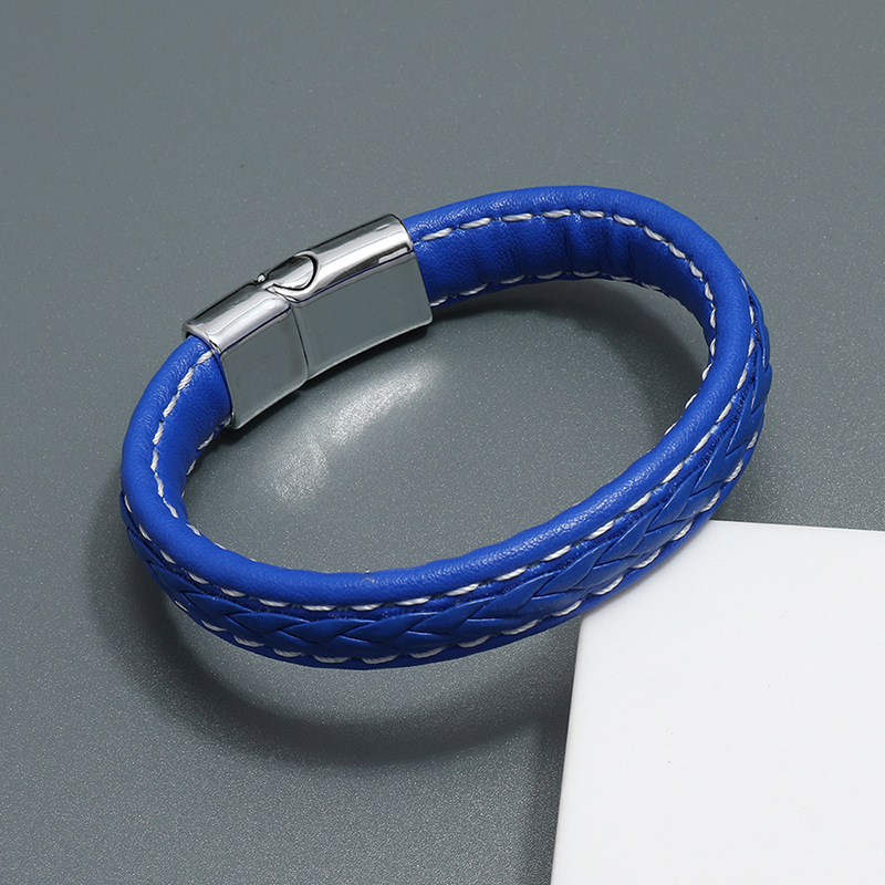 European and American Fashion Jewelry Personality Magnetic Buckle Leather Bracelet Simple Blue Braid