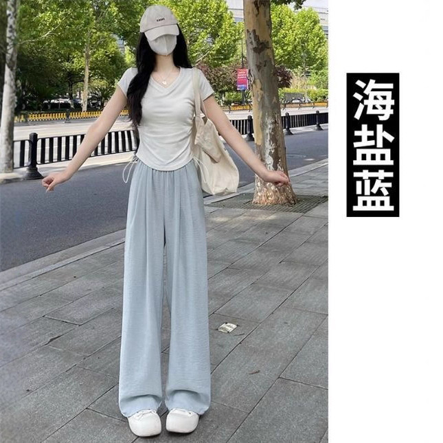 夏季薄款小个子女无托腹宽松夏款奶芙休闲长裤子外穿裤阔腿裤粉色|undefined