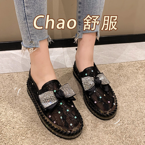 Women's single shoes  spring new one-legged thick-soled lazy casual Korean style rhinestone bow shoes trendy generation