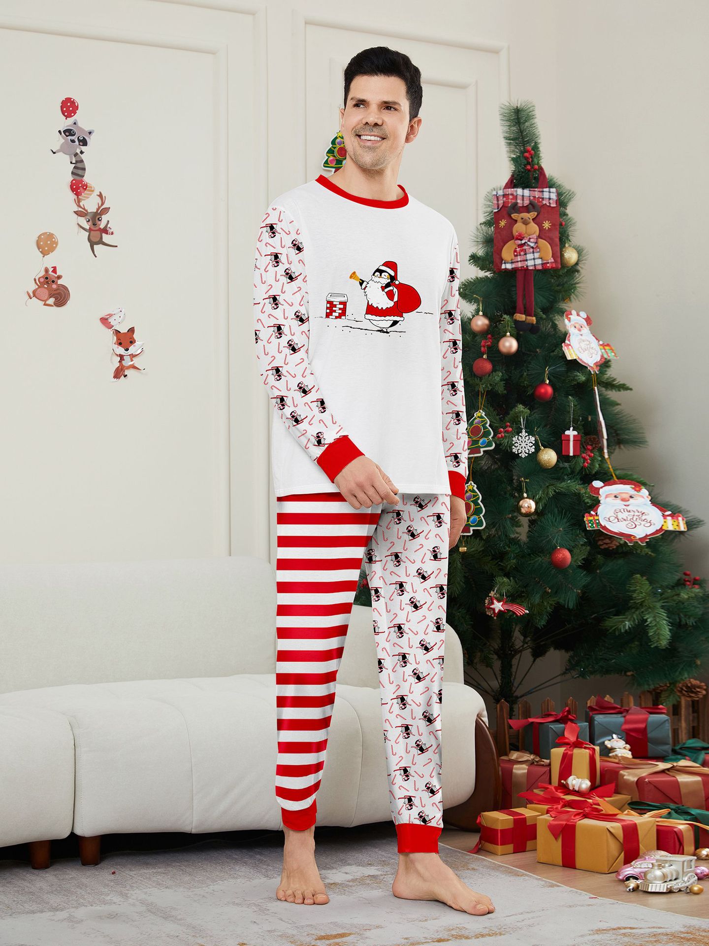 Kerst Pinguïn Candy Cane gestreepte Kerst Familie pak bedrukte homewear pyjama_voghion.com