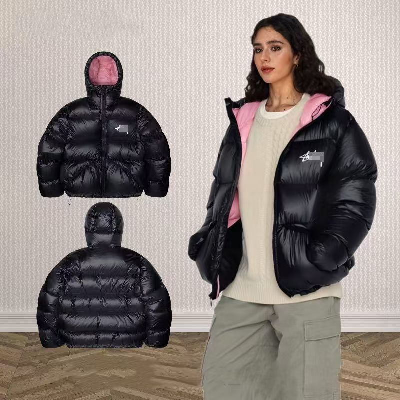 Cross-Border Stu Embroidered Hooded down Jacket in Black and Pink Color-Blocking Short Style, Unisex, Cold-Resistant, Thickened Jacket Coat