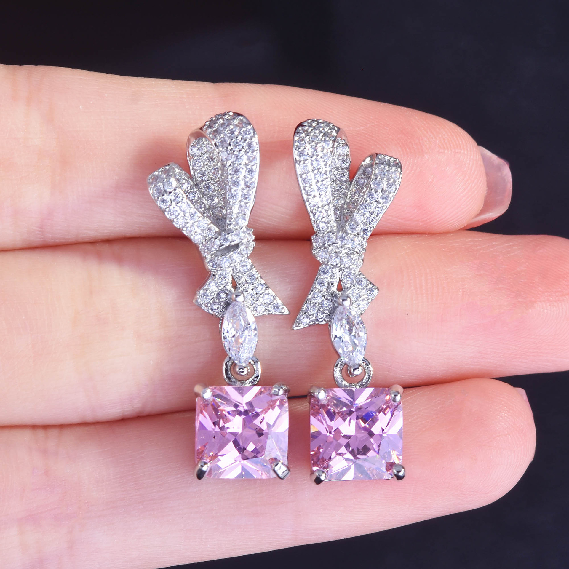 fashion pink yellow diamond pendant full diamond bow copper earrings