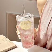 简约竹节竖纹玻璃杯带盖吸管水杯无铅冷饮杯果汁美式咖啡杯饮料杯