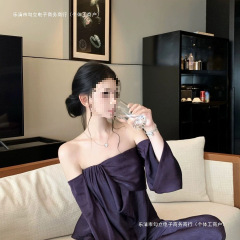 一字肩紫色套装女夏季新款感气质名媛上衣高腰阔腿裤两件套装