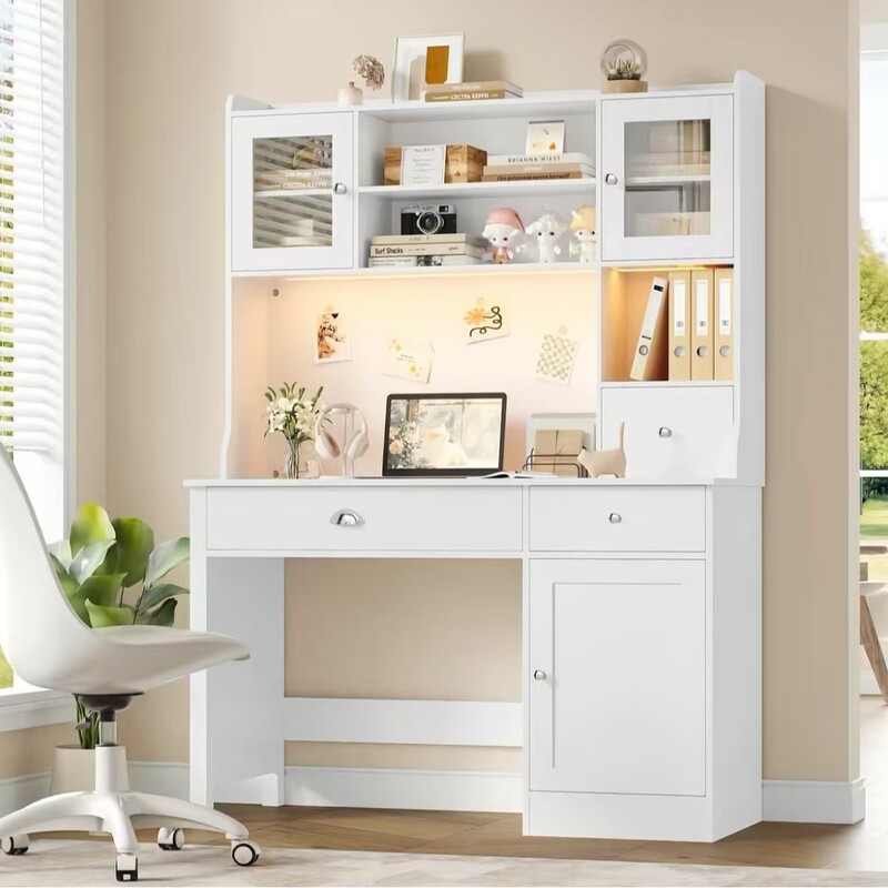 Cross-Border E-Commerce Export Administrative Desk, with Storage Cabinets, Power Outlets, and Led Lights, Wooden Writing Desk