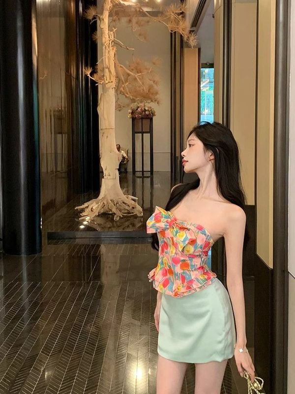 无袖碎花抹胸内搭打底背心吊带女夏季美背蝴蝶结甜辣外穿短款上衣|undefined