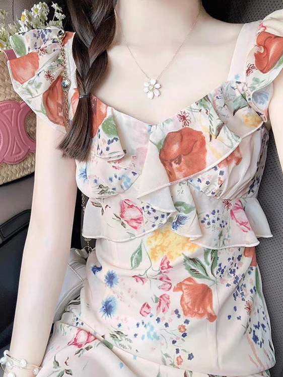 Đầm maxi nữ dây đeo họa tiết hoa cổ điển Pháp, eo thon dáng dài — màu