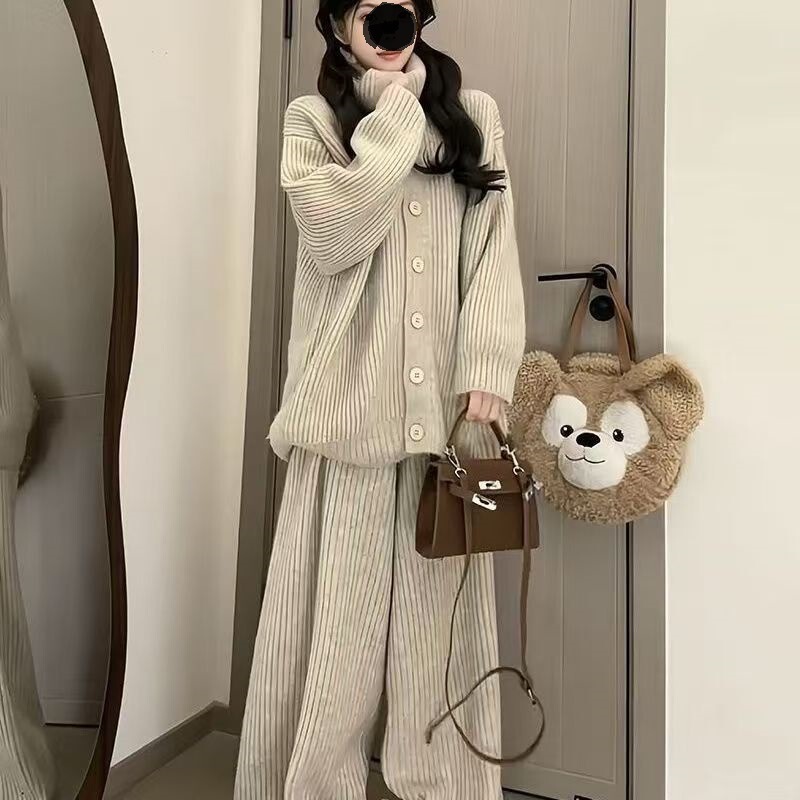 Autumn and winter Korean-style casual wear with a complete set of sweater cardigan and loose knit wide-leg pants two-piece suit Autumn and winter Korean-style casual wear with a complete set of sweater cardigan and loose knit wide-leg pants two-piece suit