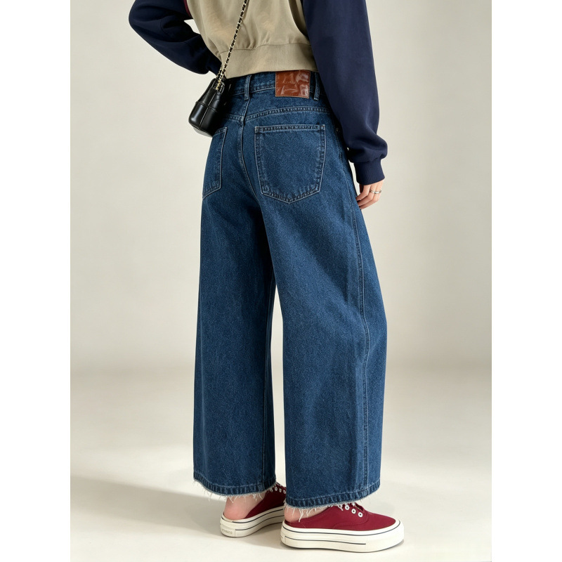Women's Wide-Leg Jeans 2026 Autumn Dark Blue High-Waisted Frayed Loose Cropped Balloon Pants