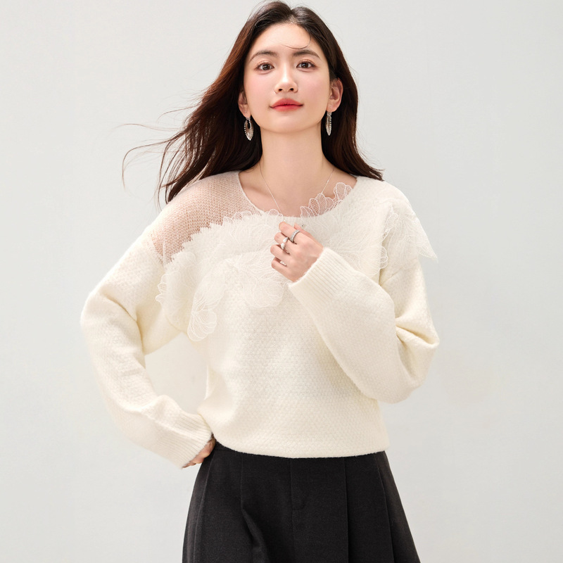 圆领蕾丝花瓣独特漂亮毛衣女款2025新款冬季超好看针织衫宽松上衣|undefined