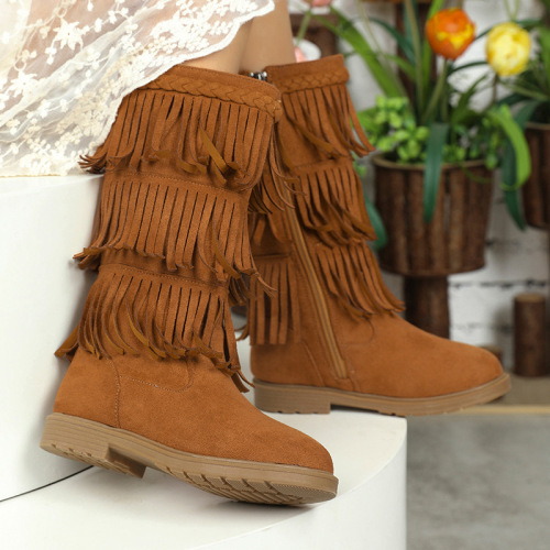 Korean Style Fringe Over-the-Knee Boot with Faux Fur Round Toe and Invisible Platform, Not Over the Knee Slip-On Women's Boots