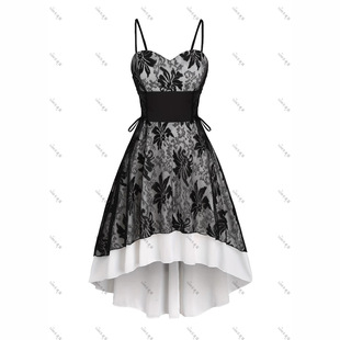 European and American plus size Women's Casual dress Lace Thin Shoulder Strap High and Low dress Flower Dress Summer Party