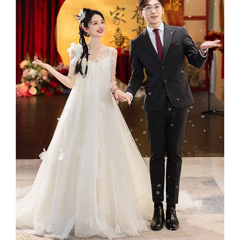 Strappy Light Wedding Dress 2026 New Autumn Bride Wedding Super Fairy-Like Dress White Simple Elegant Forest Style Going-Out Dress Strappy Light Wedding Dress 2026 New Autumn Bride Wedding Super Fairy-Like Dress White Simple Elegant Forest Style Going-Out Dress