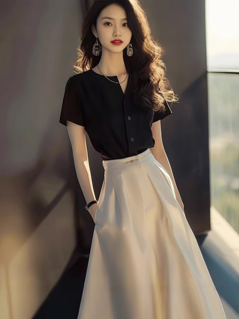 Set áo sơ mi đen phối chân váy midi thanh lịch nữ — màu đen