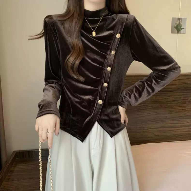 Irregular Velvet Top for Women, Stylish and Warm Blouse, New 2025 Half-High Collar Base Shirt for Women