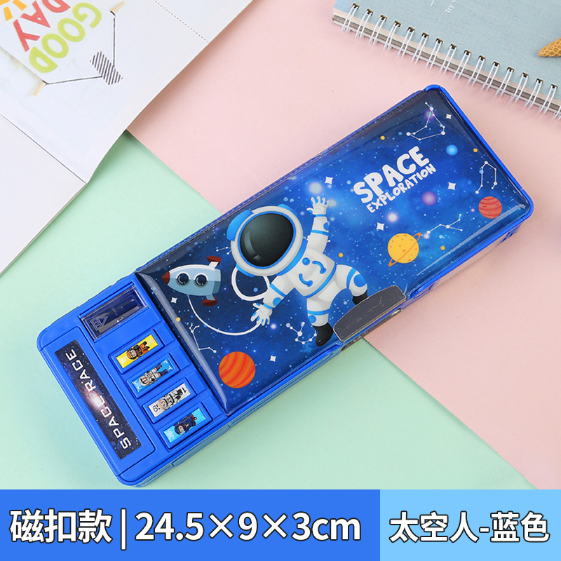 Caja de papelería con bloqueo de contraseña, botón multifunción, caja de lápices de gran capacidad de doble cara, dinosaurio, escuela primaria, niño, niña, jardín de infancia