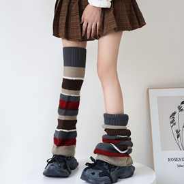 秋冬英伦风撞色条纹拼接阔腿袜套小众针织毛线微喇叭腿套堆堆袜潮