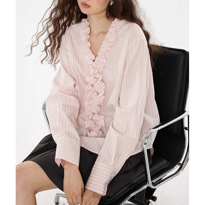Striped Control Cotton French Loose Slimming Look Lace Stripesd Shirt Tops for Women in Autumn and Winter