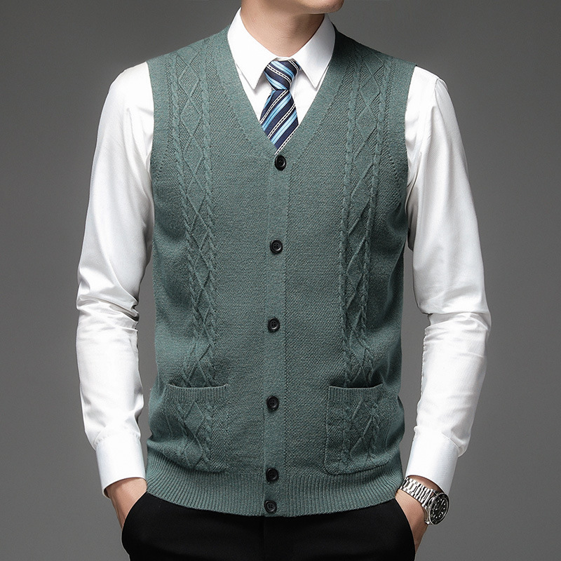 V-neck single-breasted wool solid color casual fit in stock sleeveless sweater cardigan wool vest for men