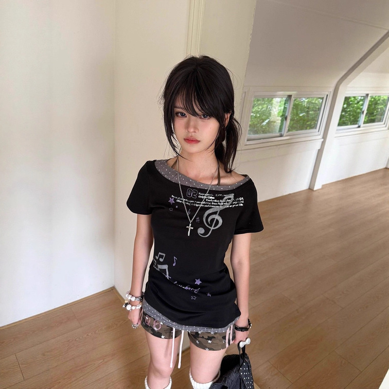 [260g Rayon Modal] American Sexy Fake Two-Piece Contrasting Polka Dot Printed Oblique Shoulder Short-Sleeved T-Shirt for Women
