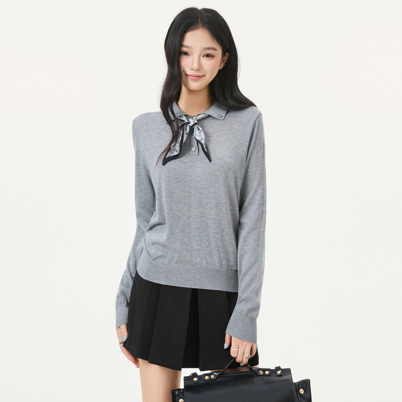 2025 Autumn American Retro Polo Collar Knit Sweater for Women with Lace Tie and Loose Pullover Design 2025 Autumn American Retro Polo Collar Knit Sweater for Women with Lace Tie and Loose Pullover Design