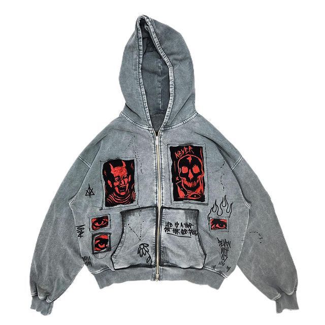 American Street Vintage Y2K Unisex Devil 3D Print Patch Heavyweight Loose Hooded Jacket. American Street Vintage Y2K Unisex Devil 3D Print Patch Heavyweight Loose Hooded Jacket.
