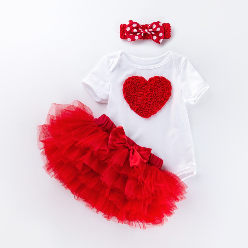 Venta directa de fábrica: Conjunto de vestido para el primer cumpleaños de bebé niña, pelele de manga corta, falda de seis capas, accesorio para el cabello, conjunto de fiesta de 3 piezas.