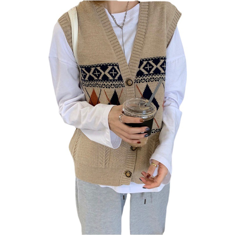 Chaleco de punto con cuello en V de Lingge Chaleco de mujer primavera y otoño transfronterizo nuevo estilo ropa exterior suelta rebeca retro chaqueta sin mangas marea