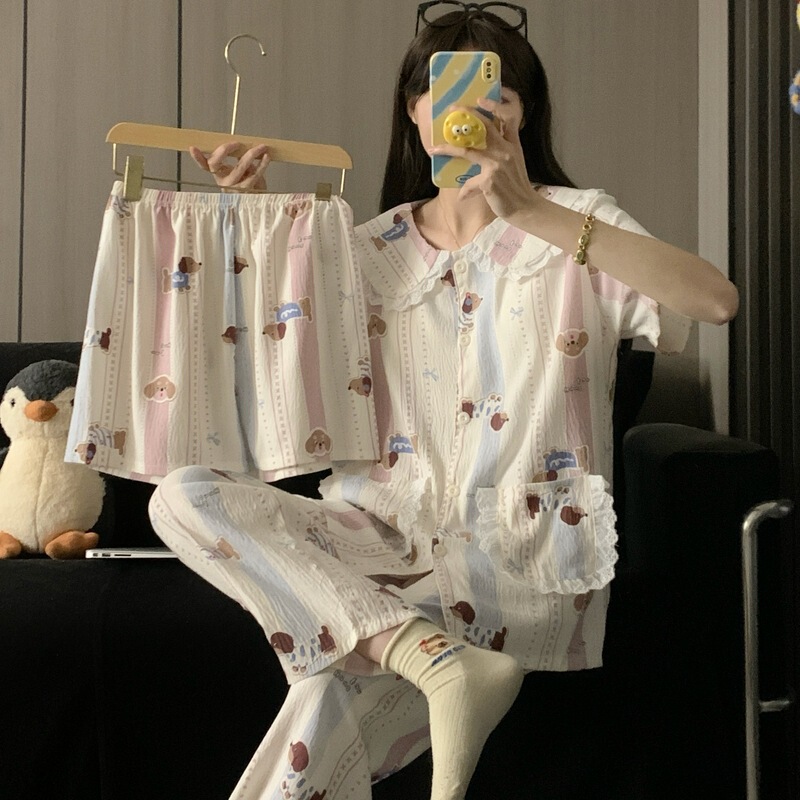 Manufacturer's Ready-Made Sweet Striped Butterfly Dachshund Large Size Pajamas for Women Spring and Summer Lace Doll Collar Three-Piece Suit