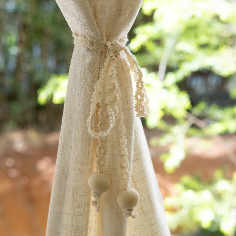 Curtain Door Curtain Small Curtain Tie Rope Simple Log Japanese Style Cotton and Linen Texture Wooden Bead creamy-white Decorative Rope