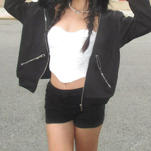 新品性感辣妹黑色拉链分割毛绒连帽女外套跨境保暖大毛领卫衣女