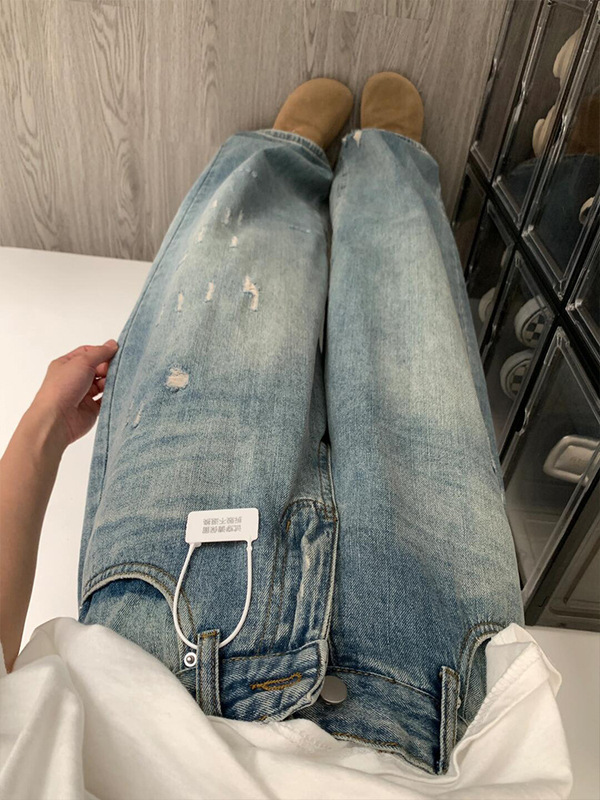 大码破洞牛仔裤女春季胖妹妹宽松显瘦直筒裤子女设计感小众阔腿裤|undefined