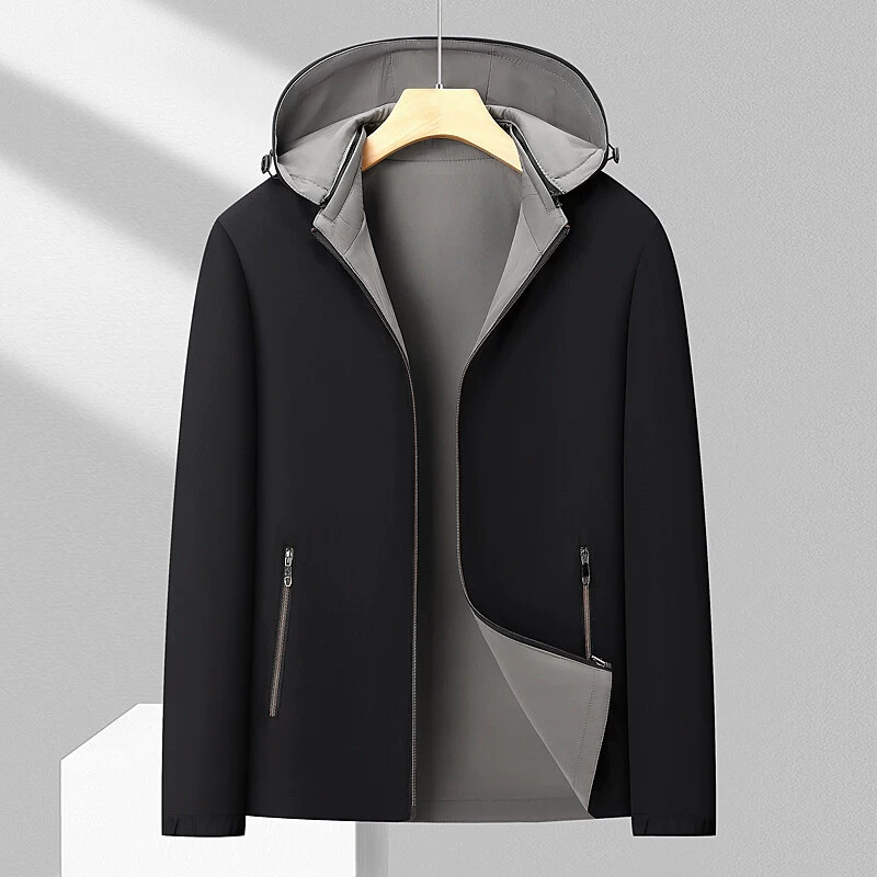 2025 Весна-Осень Новая мужская куртка Двусторонняя куртка с капюшоном на молнии Деловой повседневный однотонный верхний плащ