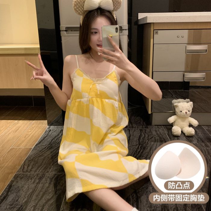 Transfronterizo al por mayor Yunduo Cinta de algodón Almohadilla fija para el pecho Eslinga con cuello en V Camisón de mujer Pijamas de estilo dulce sexy para mujer