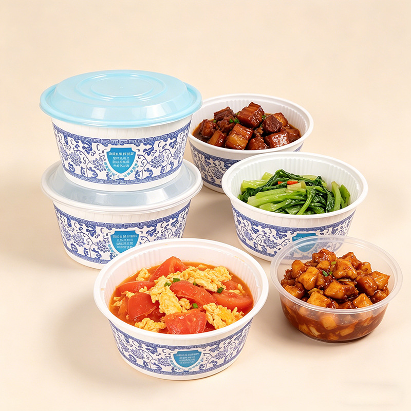 Caja de comedor de porcelana de color azul desechable redonda gruesa para llevar tazón de embalaje con cubierta horno de microondas para alimentos domésticos comerciales