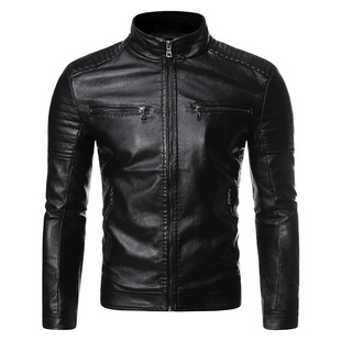 AliExpress Amazon Spring and Autumn Thin Men's Vertical Collar Striped Double Zipper Leather Jacket Large Size Motorcycle Leather Jacket